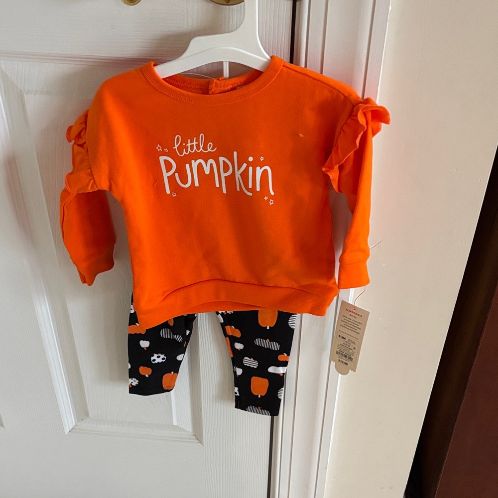 Cat & Jack Orange Pumpkin Top with Black Pumpkin Leggings